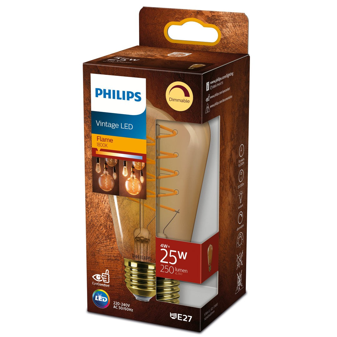 PHILIPS LED Classic Spiral Filament 25W dråbe E27 guld dæmpbar emballage med vintage design og oplysninger om lysstyrke og energiforbrug