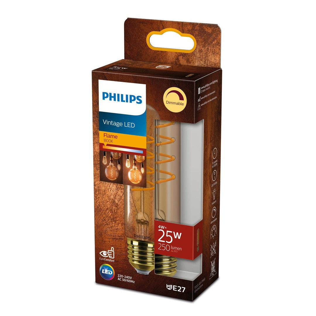PHILIPS LED Classic Filament 25W T32 rør E27 i guld pakket ind i en attraktiv kasse med information om dæmpbar funktion og energibesparelse samt et billede af pæren og dens karakteristika