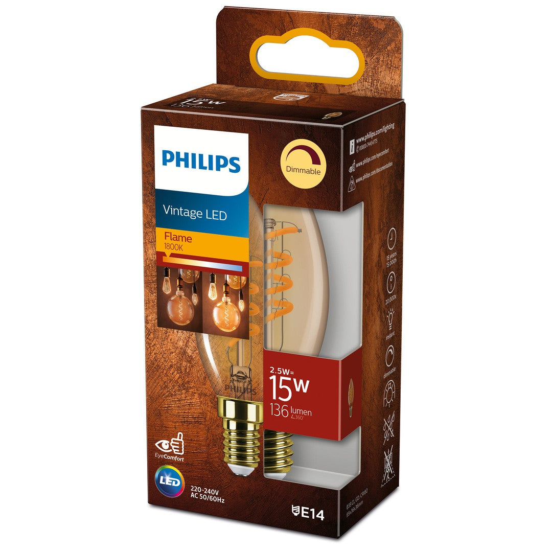 PHILIPS LED Classic Spiral Filament 15W kerte E14 pakke med guldfarvet dæmpbar pære designet til at give et vintage look med en varm lysfarve på 1800K og en lysstyrke på 136 lumen