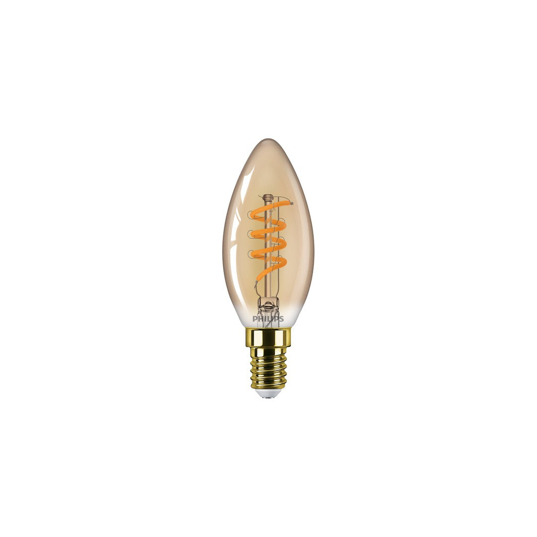 PHILIPS LED klassisk spiral filament pære 15W E14 guld dæmpbar med synlig spiral indeni og klart glasdesign