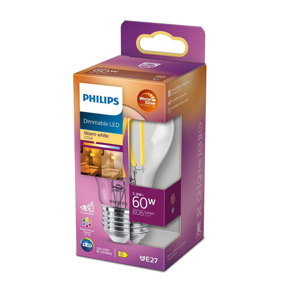PHILIPS LED pære i klart design med filament look, 60W standard E27, varm hvid belysning, dæmpbar, leveres i en enkelt pakke, emballage med farverig grafik og tekniske oplysninger