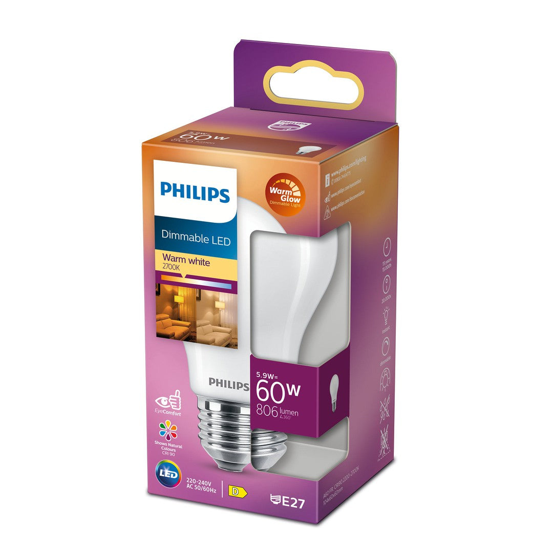 PHILIPS LED pære i standard design med 60W varmeglød E27 base dæmpbar i en pakke der viser produktinformationer og illustrationer af lys i indretning