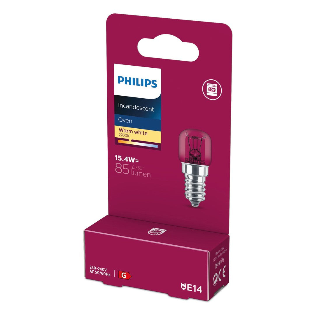 PHILIPS ovnpære 15W i rørform med E14 sokkel, pakket i rød emballage med specifikationer for lysstyrke og farvetemperatur, designet til brug i ovne
