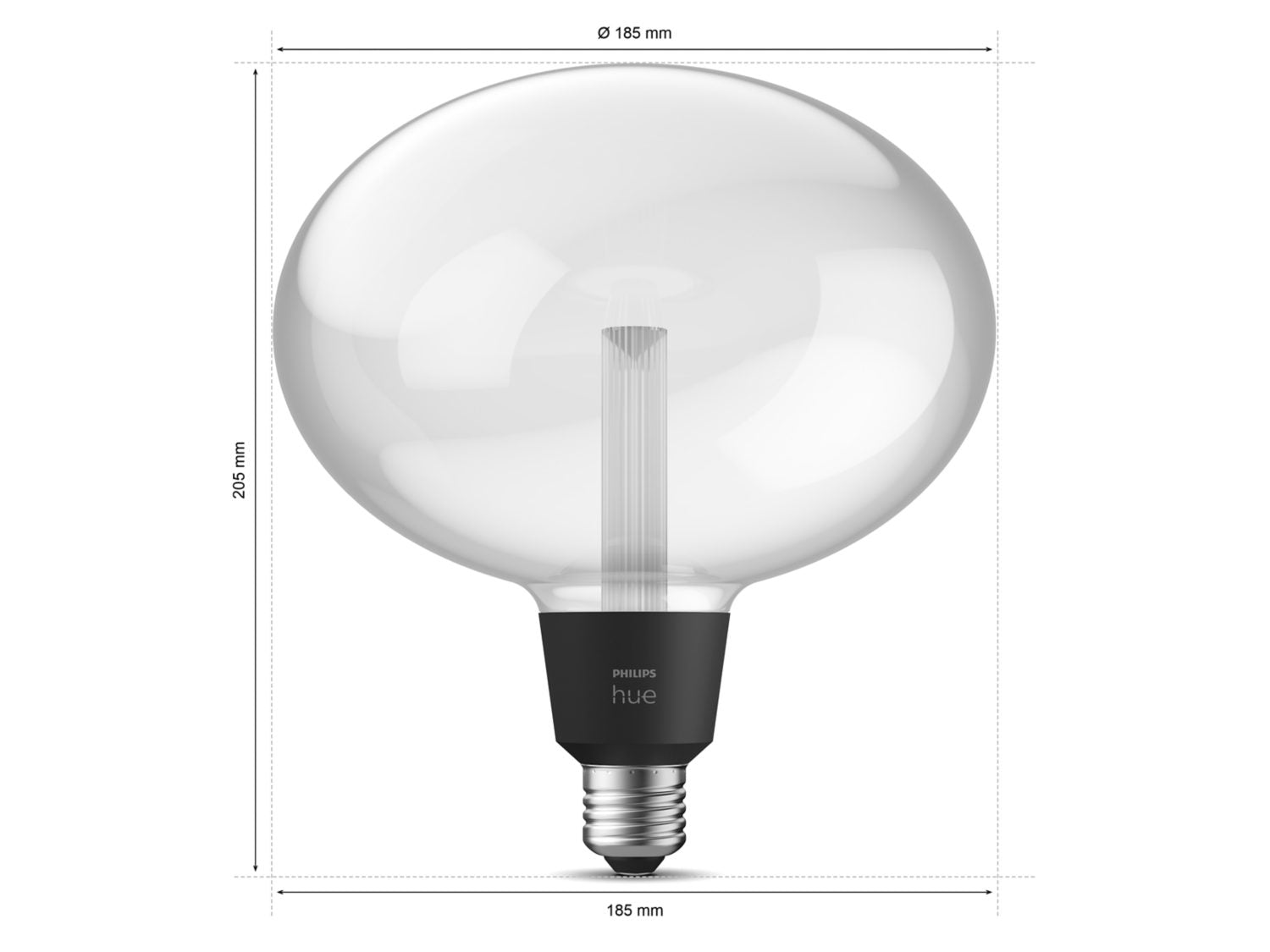 Philips Hue Ellipse E27 pære med en rund, gennemsigtig kuppel og sort sokkel måler 205 mm i højden og 185 mm i diameter