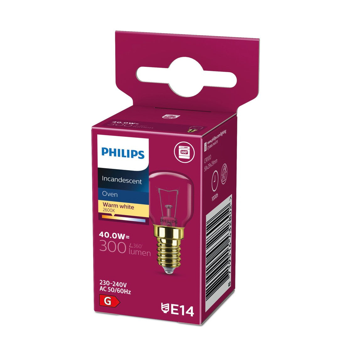Produktbillede af PHILIPS ovnpære 40W, E14 fatning, kroneformet med 300 lumen og varm hvid lysfarve på 2600K, præsenteret i en lilla emballage med tekniske specifikationer og stregkode