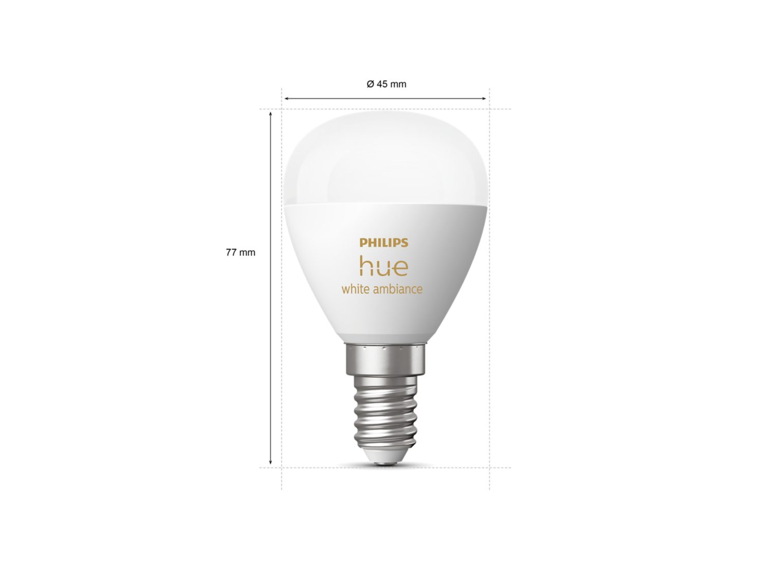 Philips Hue White Ambiance E14 pære med mål 45 mm i diameter og 77 mm i højde fremhæver en moderne og elegant design der passer til enhver belysningstemning i hjemmet med billedet der viser pæren fra siden