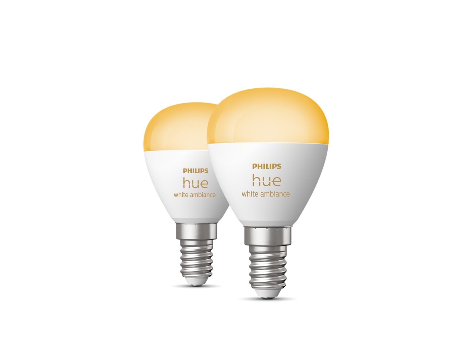 To sæt Philips Hue White Ambiance E14 pærer med en blød, varm lysfarve til stemningsbelysning i hjemmet. Pærerne har en moderne design med en rund glaskuppel og en hvid base. Ideelle til brug i lamper og lyskilder med E14 sokkel.