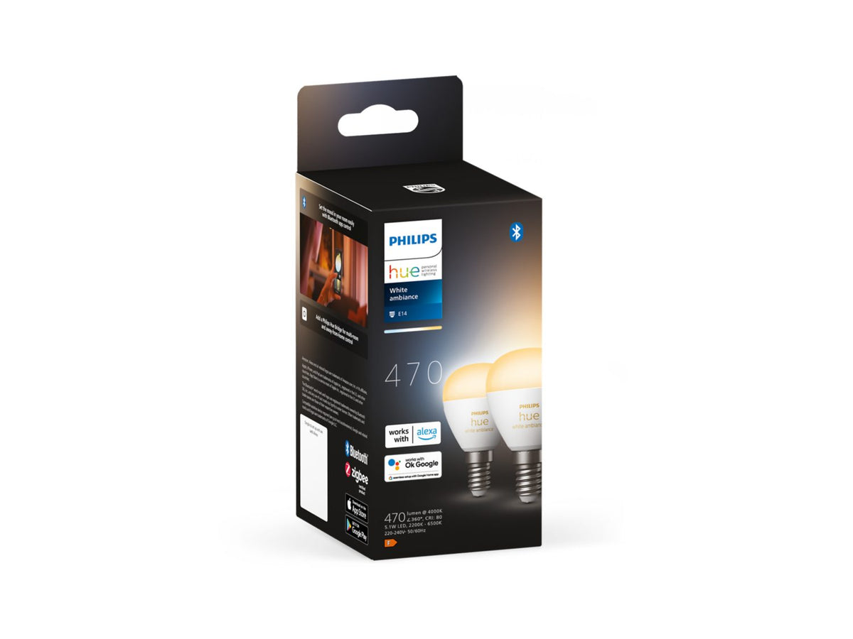 Pakke med to Philips Hue White Ambiance E14 pærer med Bluetooth funktionalitet og dæmpningsmuligheder der leverer et lysudbytte på 470 lumen og en farvetemperatur mellem 2200K og 6500K perfekt til forskellige stemninger og aktiviteter