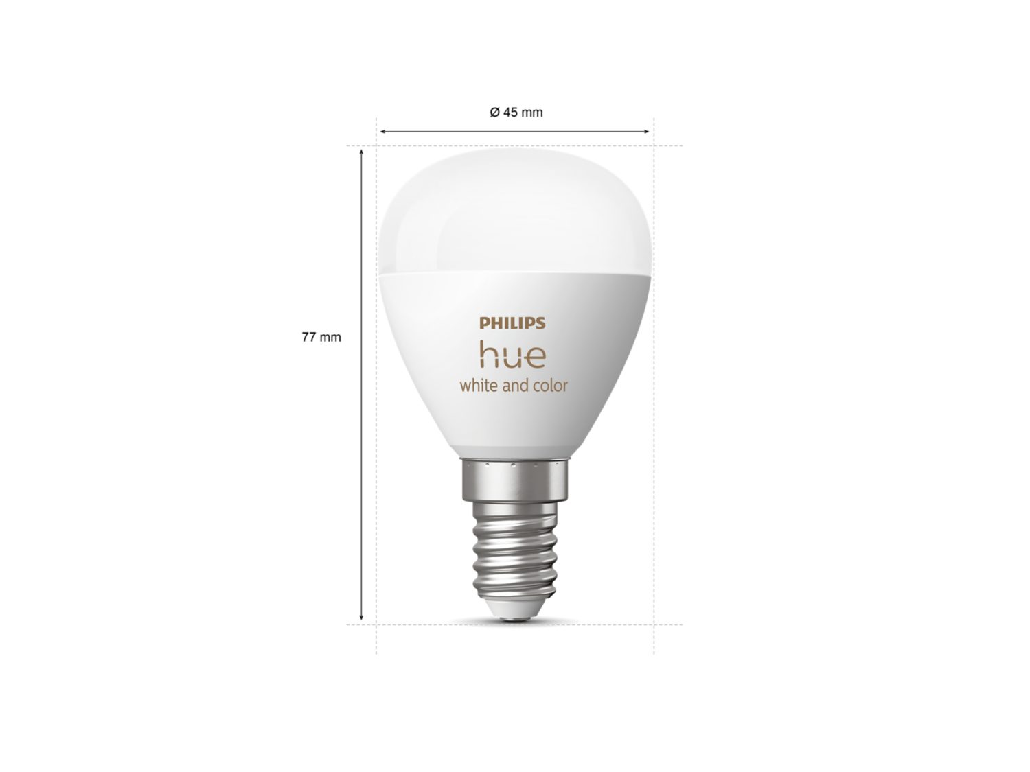 Philips Hue Krone E14 pærer i hvid og farve med dimensioner på 45 mm i diameter og 77 mm i højde præsenteret i en teknisk illustration