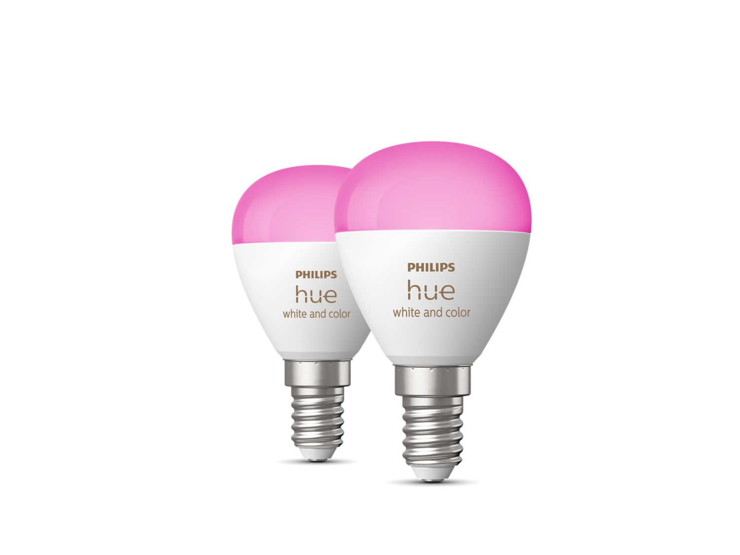 Philips Hue Krone E14 pærer i pakke med to stykker med pink top og hvid sokkel designet til fleksibel belysning i hjemmet