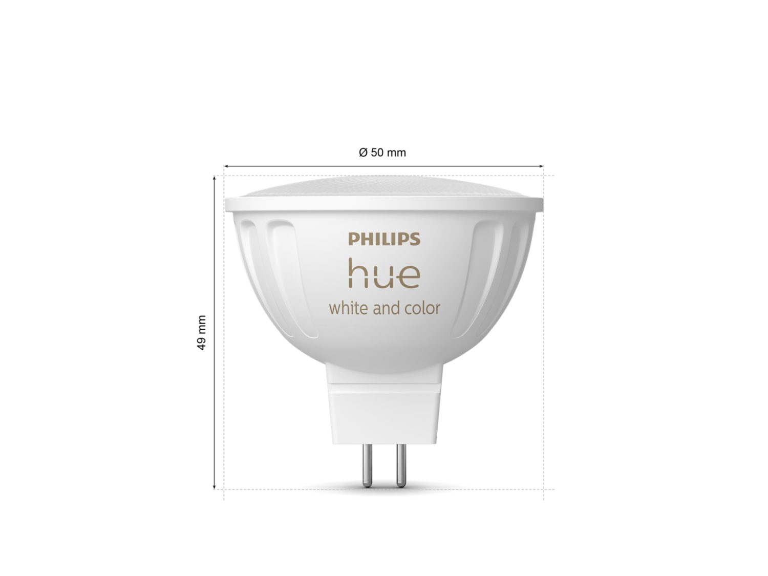 Philips Hue White and color ambiance MR16 spotlampe med en diameter på 50 mm og en højde på 49 mm præsenteret fra siden