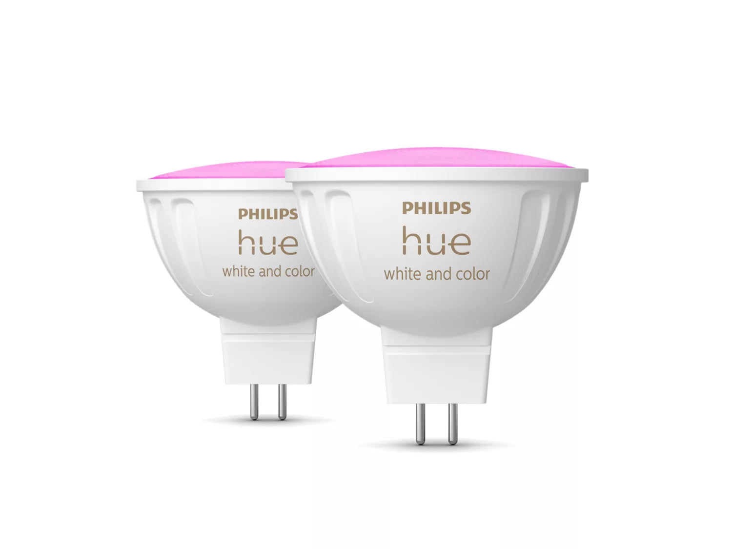 To sæt Philips Hue White and color ambiance MR16 spots med pink top og hvid krop designet til at skabe stemningsfuld belysning i hjemmet med mulighed for skift mellem hvid og farvet lys