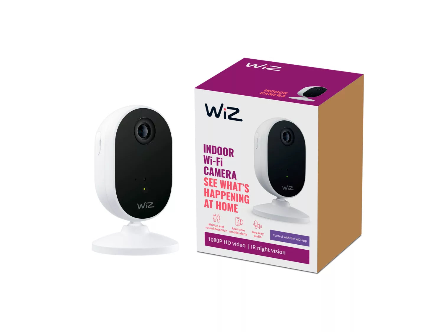 Indendørskamera fra WIZ med sort og hvid design, præsenteret ved siden af emballagen der fremhæver funktioner som 1080P HD video og IR nattevision