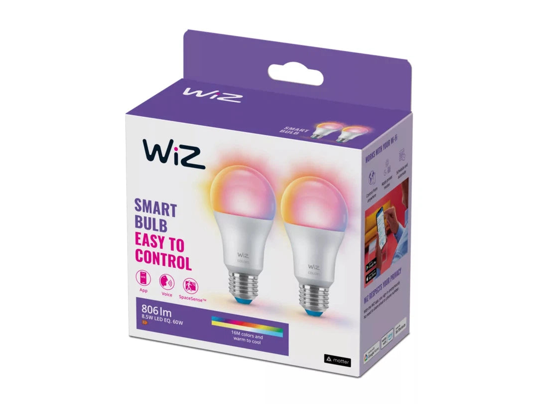 Produktboks til WIZ Pære 8,8 W med E27 sokkel og to pærer synligt præsenteret, inkluderer oplysninger om lysstyrke på 806 lumen, kapacitet til 16 millioner farver og smart kontrol via app eller stemme.