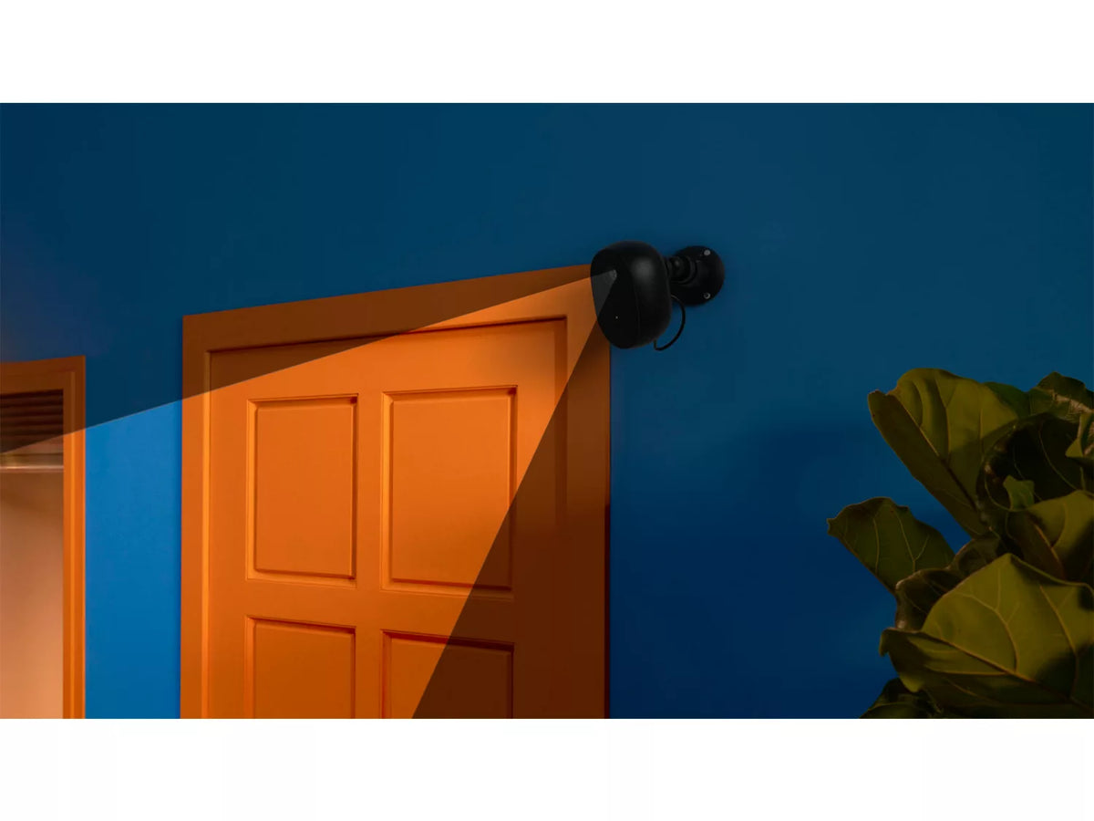 Udendørskameraet Wiz er monteret i et hjørne og retter en stråle mod en orange dør på en blå væg, omgivet af grønne planter.