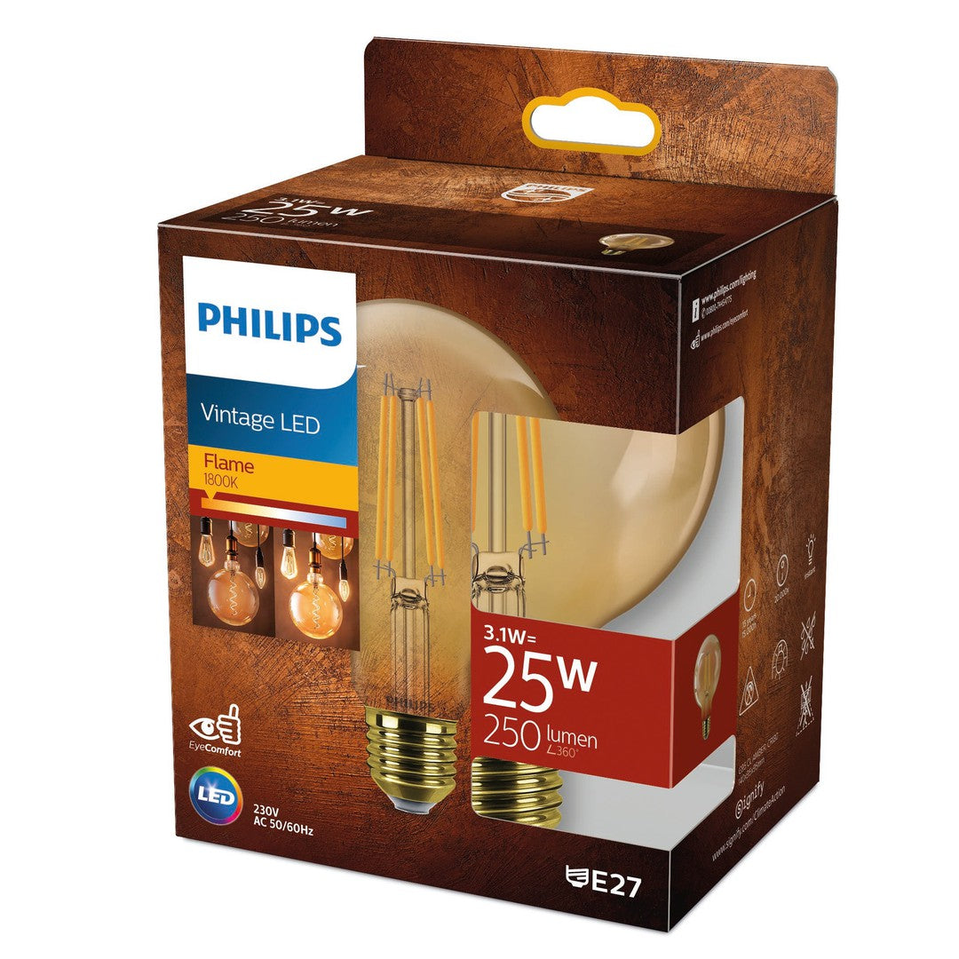 Produktpakke med PHILIPS LED Classic Filament 25W globe E27 i guldfarve ikke dæmpbar indeholder en glødepære med en lysstyrke på 250 lumen og en farvetemperatur på 1800K pakket i en dekorativ æske med billeder af produktet på forsiden samt specifikationer på siden.