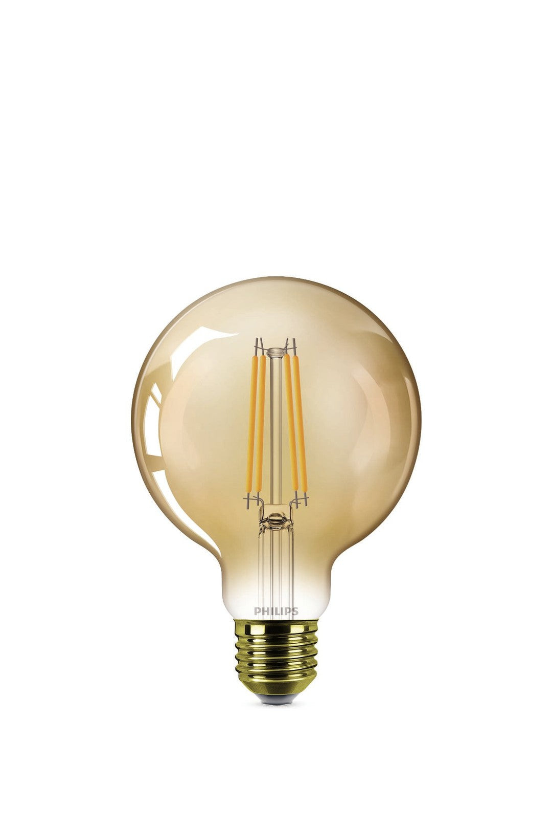 PHILIPS LED Classic Filament 25W globe E27 pære i guld farve med ikke dæmpbar funktion viser filamentet indeni samt E27 sokkel