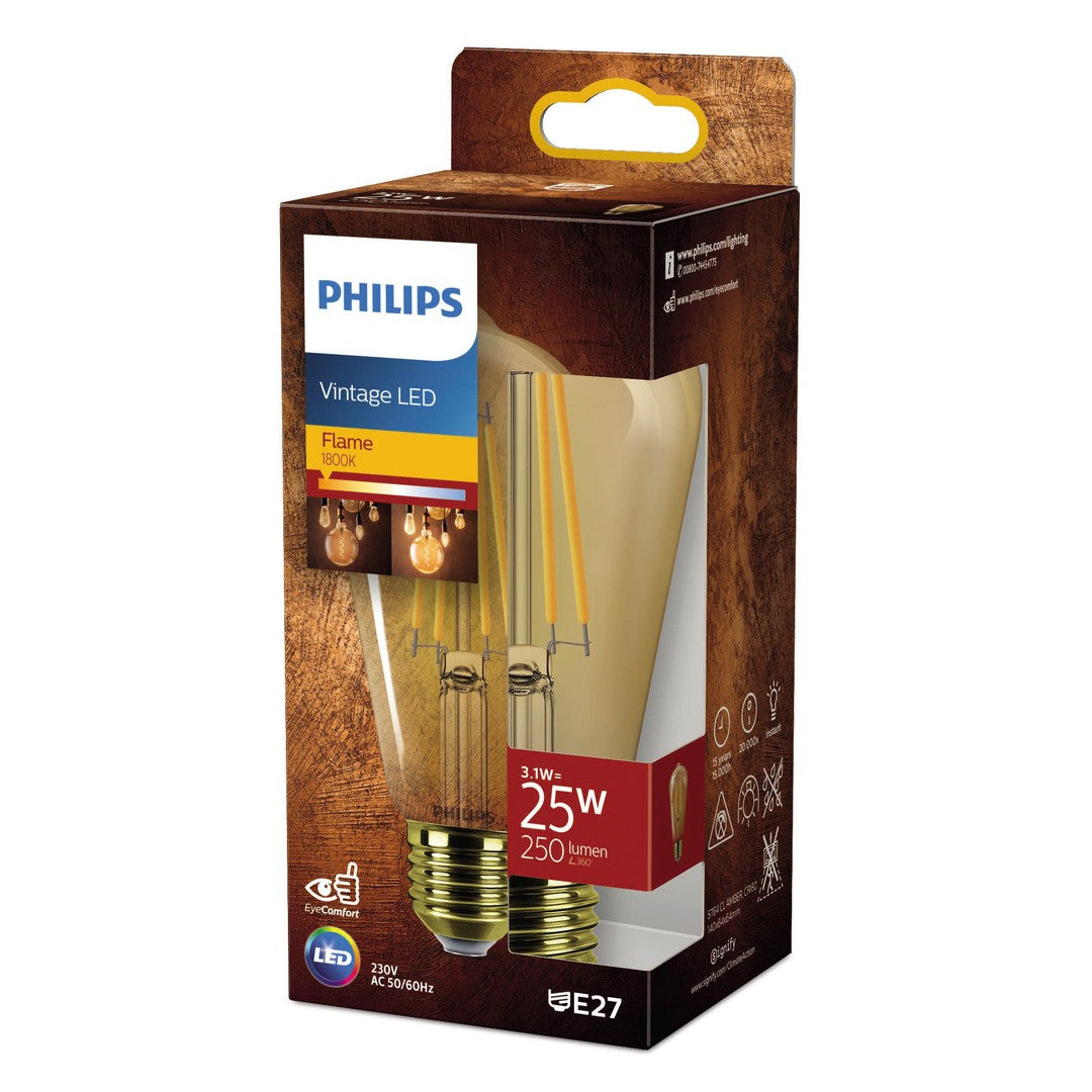 PHILIPS LED Classic Filament 25W dråbe E27 guld emballage med informationer om produktet og tekniske specifikationer, herunder 1800K farvetemperatur og 250 lumen lysstyrke, med synlig glødetråd design