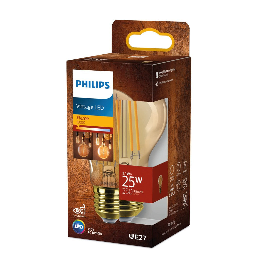 PHILIPS LED Classic Filament 25W standard E27 og guld emballage med vintage design synlig fra fronten og detaljerne angivet på pakken, ikke dæmpbar og indeholder oplysninger om lumen og energiklasse