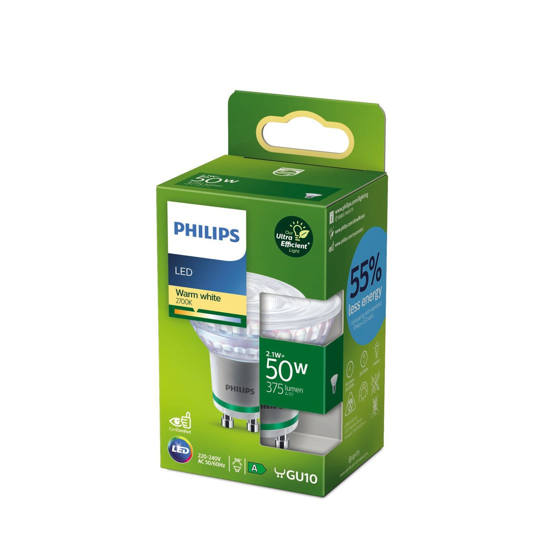 Pakke med PHILIPS LED pære 50W GU10 2700K ikke dæmpbar med en levetid på 50.000 timer og A-klasse energieffektivitet designet til at give varmt hvidt lys og reducere energiforbruget med 55 procent