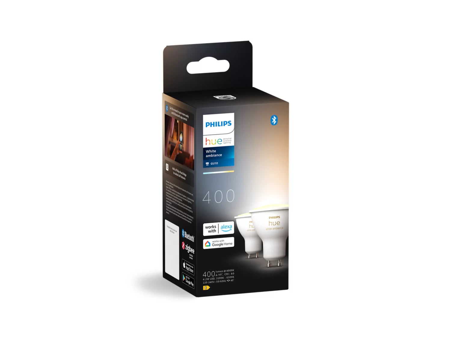Pakke med to Philips Hue White Ambiance GU10 pærer med Bluetooth funktionalitet og muligheden for at justere lysfarver fra varmt til køligt hvidt lys.
