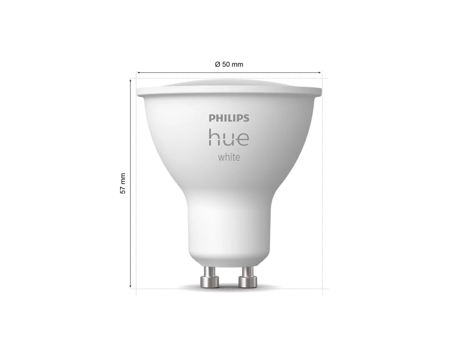 Philips Hue White GU10 spot i hvid farve med mål 50 mm i diameter og 57 mm i højden designet til både indendørs og udendørs brug ideel til belysning af hjemmet med mulighed for smart teknologiintegration