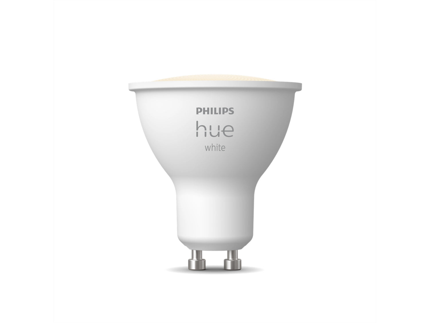 Philips Hue White GU10 spotpære i hvidt design med tekst og stik til installation