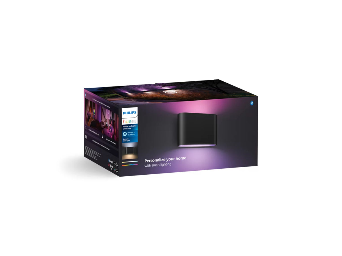 Emballage af Philips Hue Dymera væglampe til indendørs og udendørs brug med billeder af produktet og beskrivelse af funktioner på siden