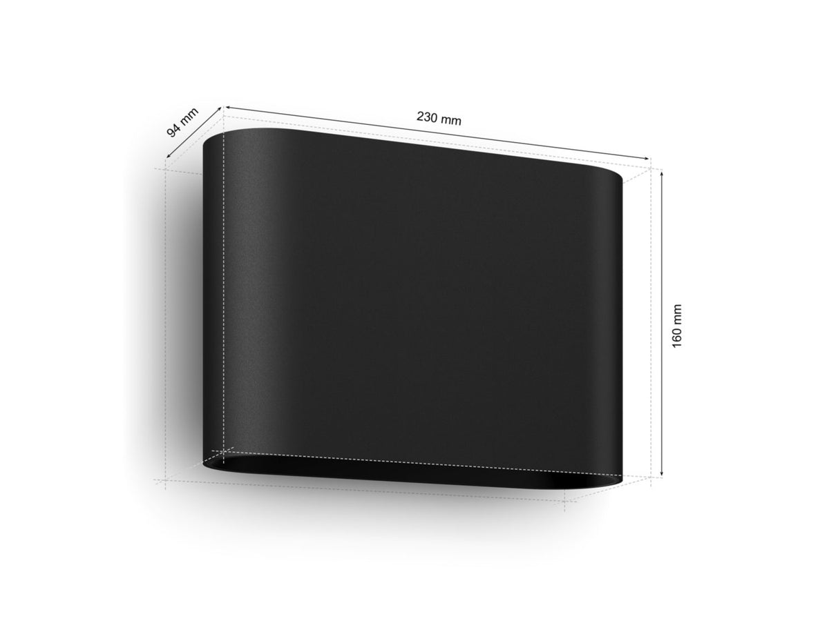 Philips Hue Dymera væglampe i sort, målene 230 mm bredde, 160 mm højde og 94 mm dybde, designet til både indendørs og udendørs brug