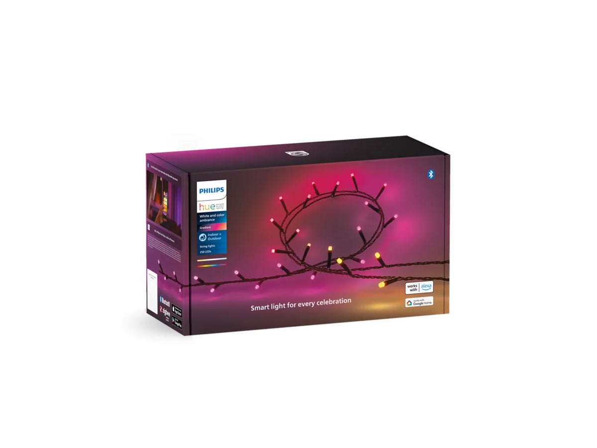 Pakke med Philips Hue Festavia lyskæde bestående af 250 LED'er i farverne pink, gul, og orange præsenteret i en moderne boks med information om produktets funktioner og kompatibilitet med smart home systemer