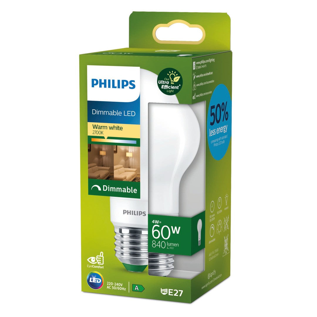 PHILIPS LED Classic Filament 60W standard E27 2700K mat ikke dæmpbar emballage viser en energibesparende pære med 50.000 timers levetid, 850 lumen lysstyrke og en stilfuld design der passer til mange indretninger.