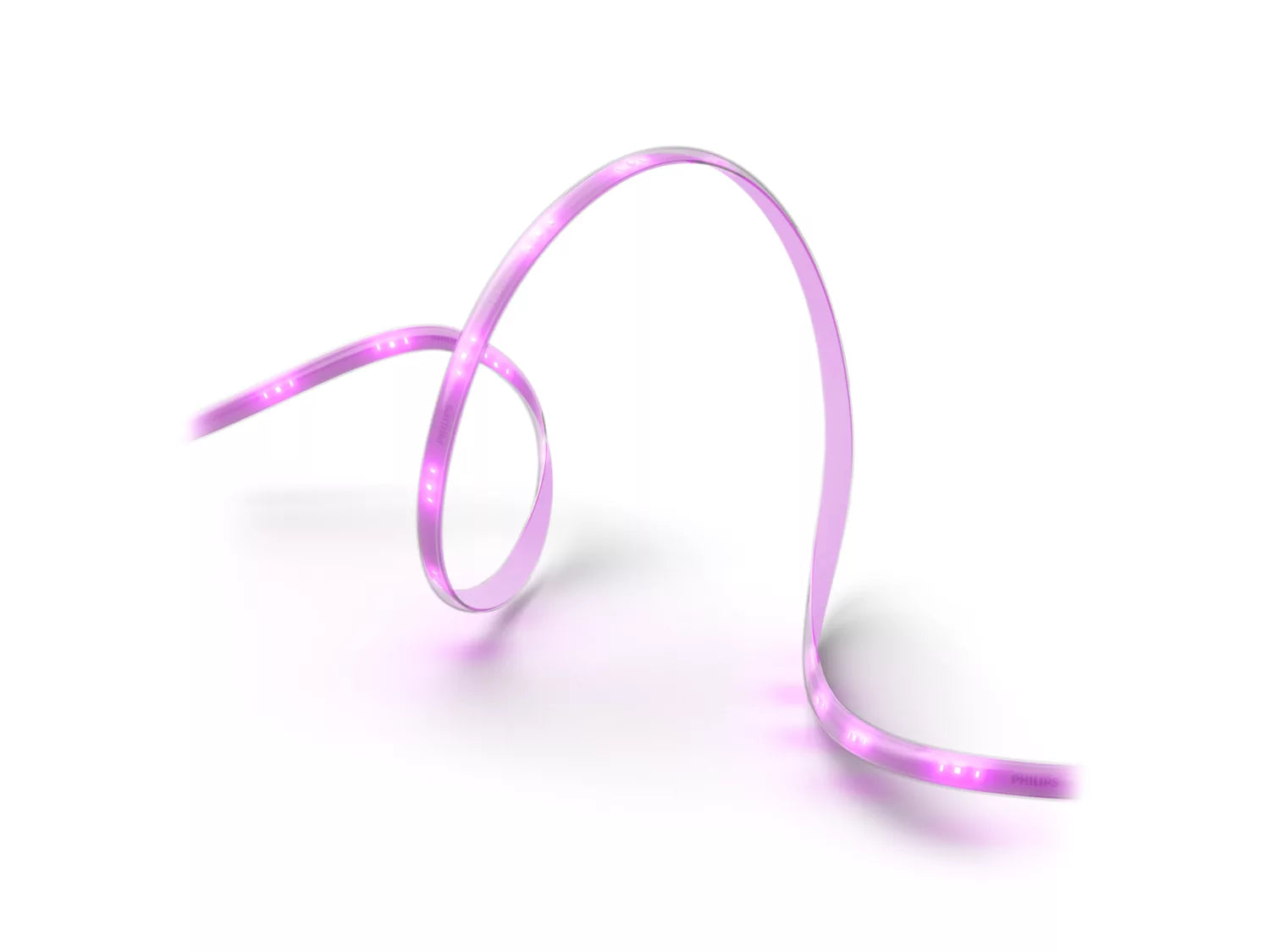 Philips HUE Solo lysstrip på 3 meter i lilla farve der bølger elegant på en hvid baggrund