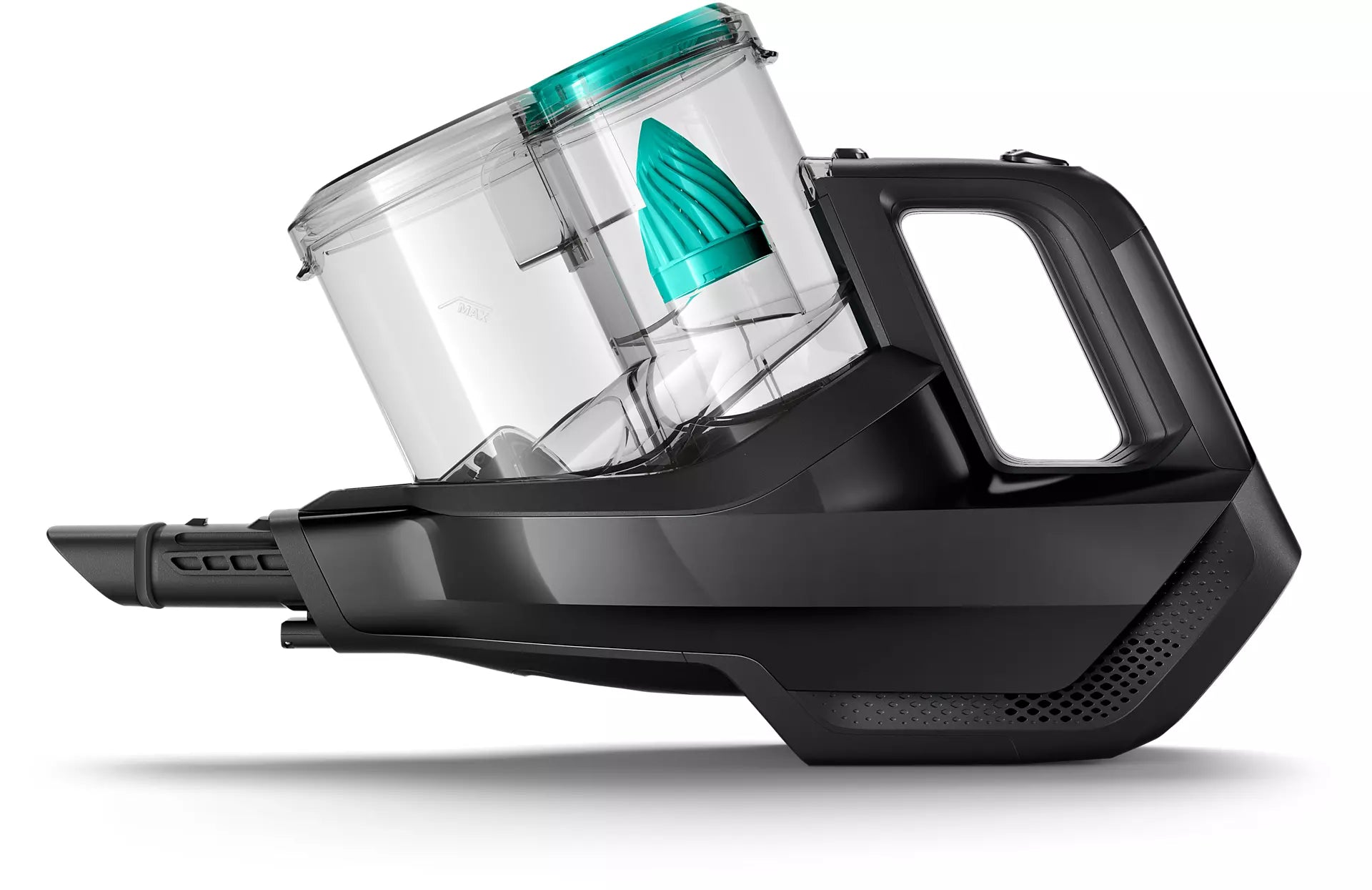 Billede af en Philips FC6726/01 SpeedPro håndstøvsuger med transparant støvbeholder og ergonomisk greb i sort design, der fremhæver det moderne og funktionelle udtryk.