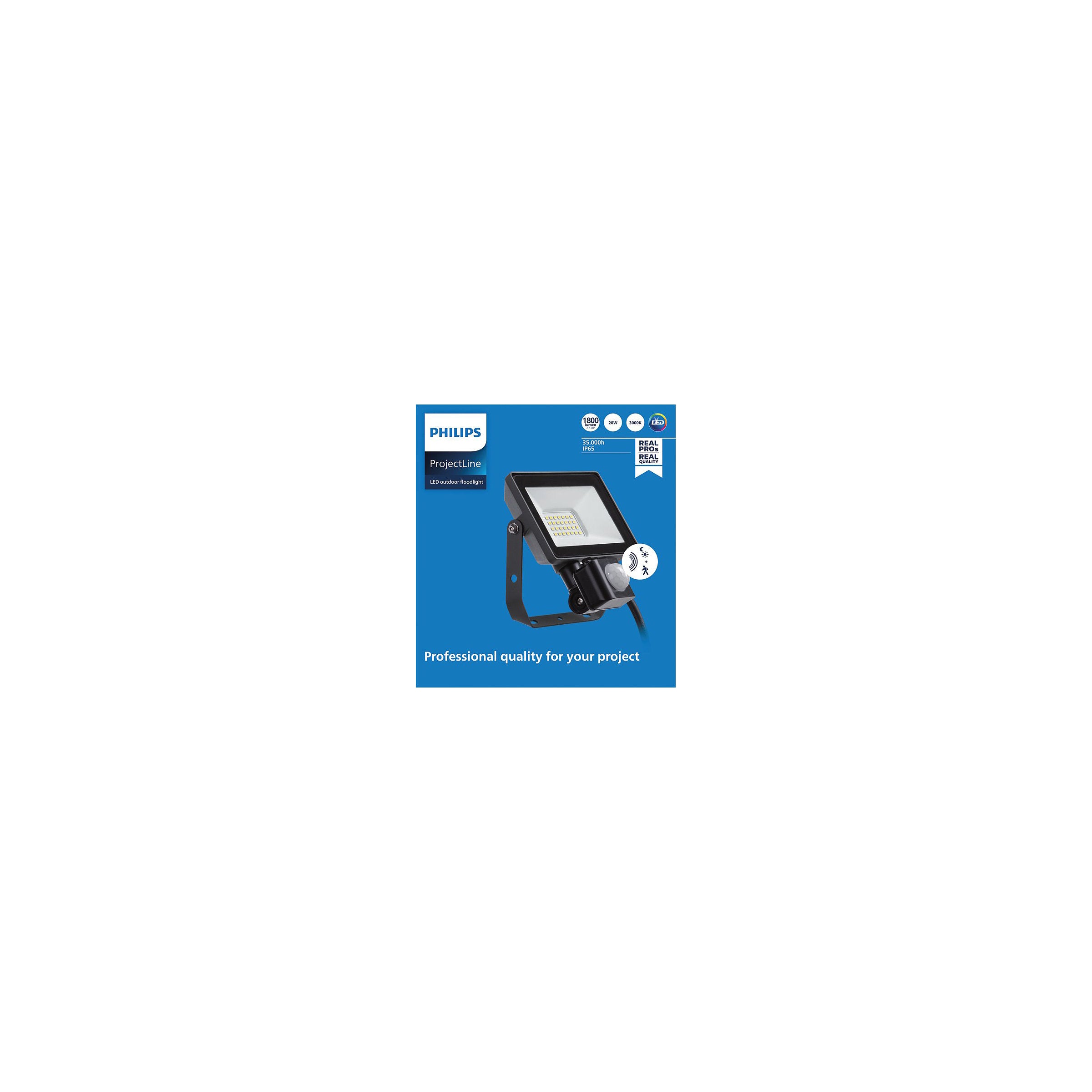 Produktbillede af Projectline Floodlight 20W 3000K med sensor fra Philips på blå baggrund indeholdende informationer om produktets kvalitet og funktioner