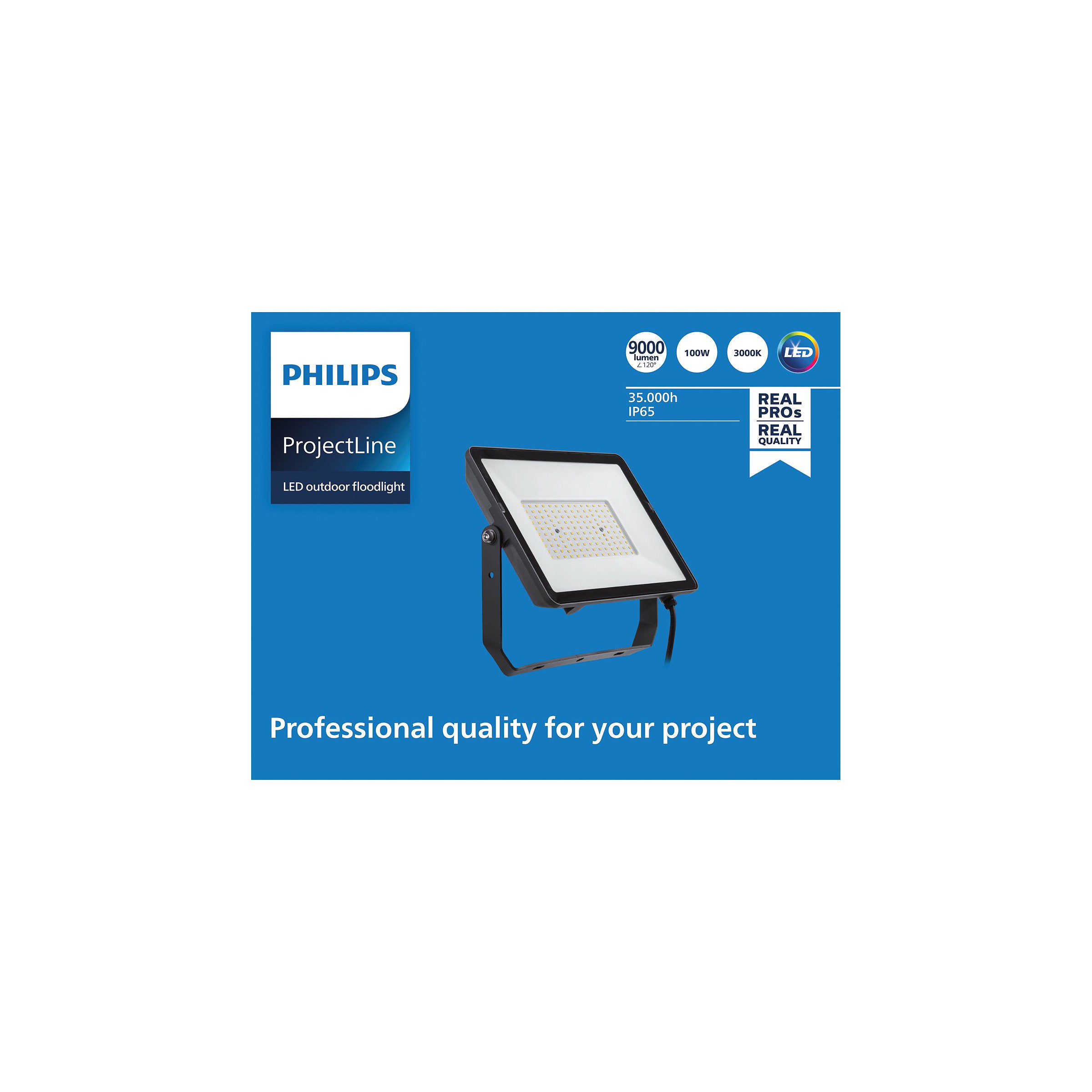 Philips ProjectLine 100W LED flomlys med farvetemperatur på 3000K og 35000 timers levetid IP65 klassificering og visuelt tiltalende design til udendørs brug