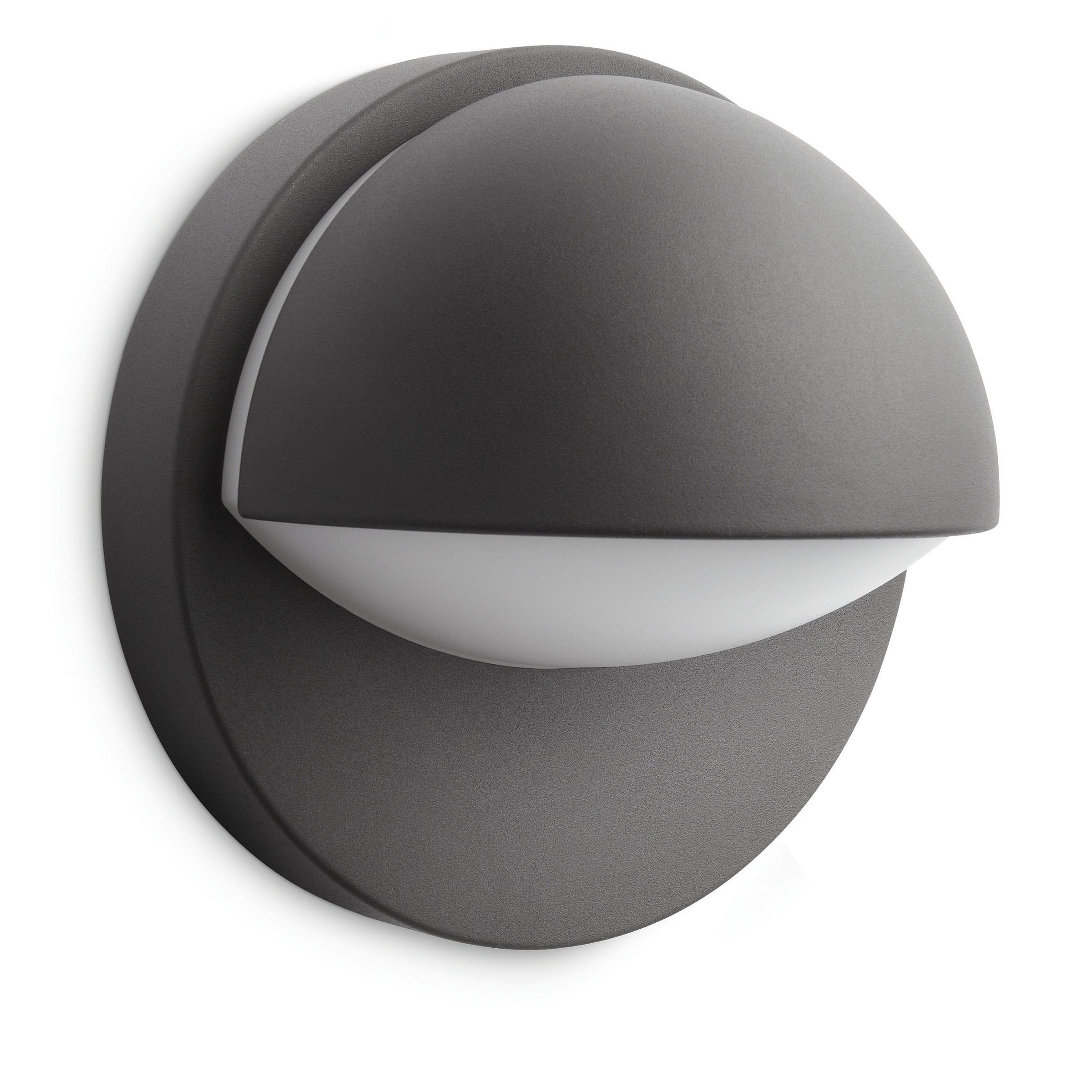 Væglampe i antracit med en rund, halvkugleformet lampehætte og en blød, hvid lysdiffuser. Designet er minimalistisk og moderne, egnet til udendørs brug. Lampen kræver en 1x12W pærer.