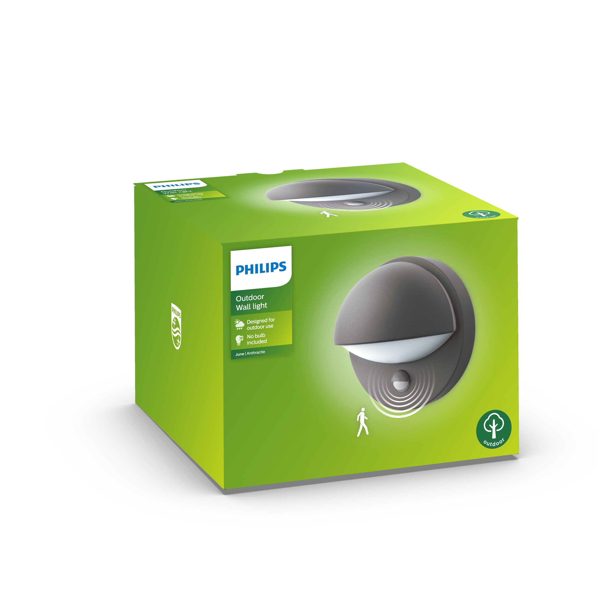 Produktbillede af juni IR væglampe i antracit med 1x12W kapacitet pakket i en grøn kasse designet til udendørs brug uden pærer inkluderet