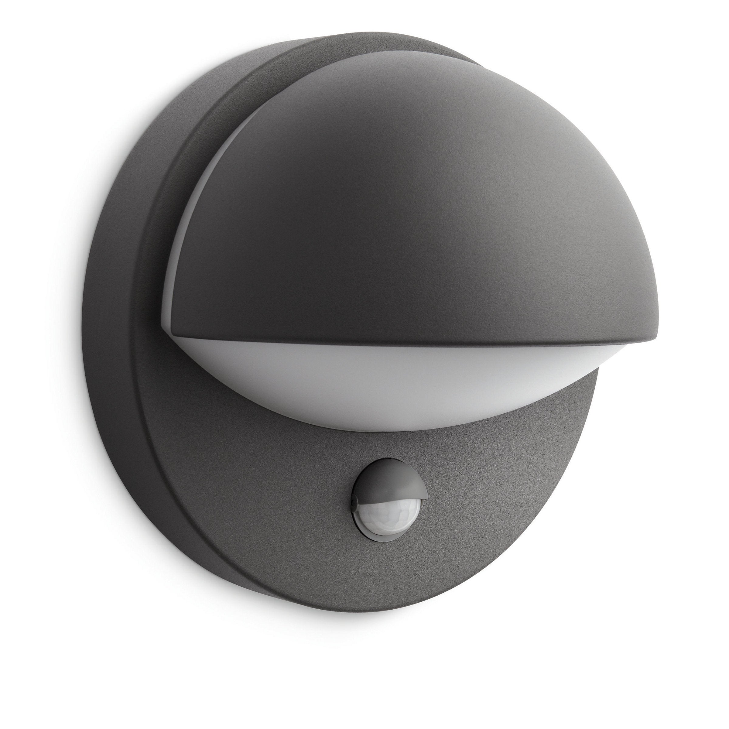 Vægmonteret lampe i antracitgrå med rund form og opalhvid diffusor samt bevægelsessensor, designet til udendørs brug med en effekt på 12 watt