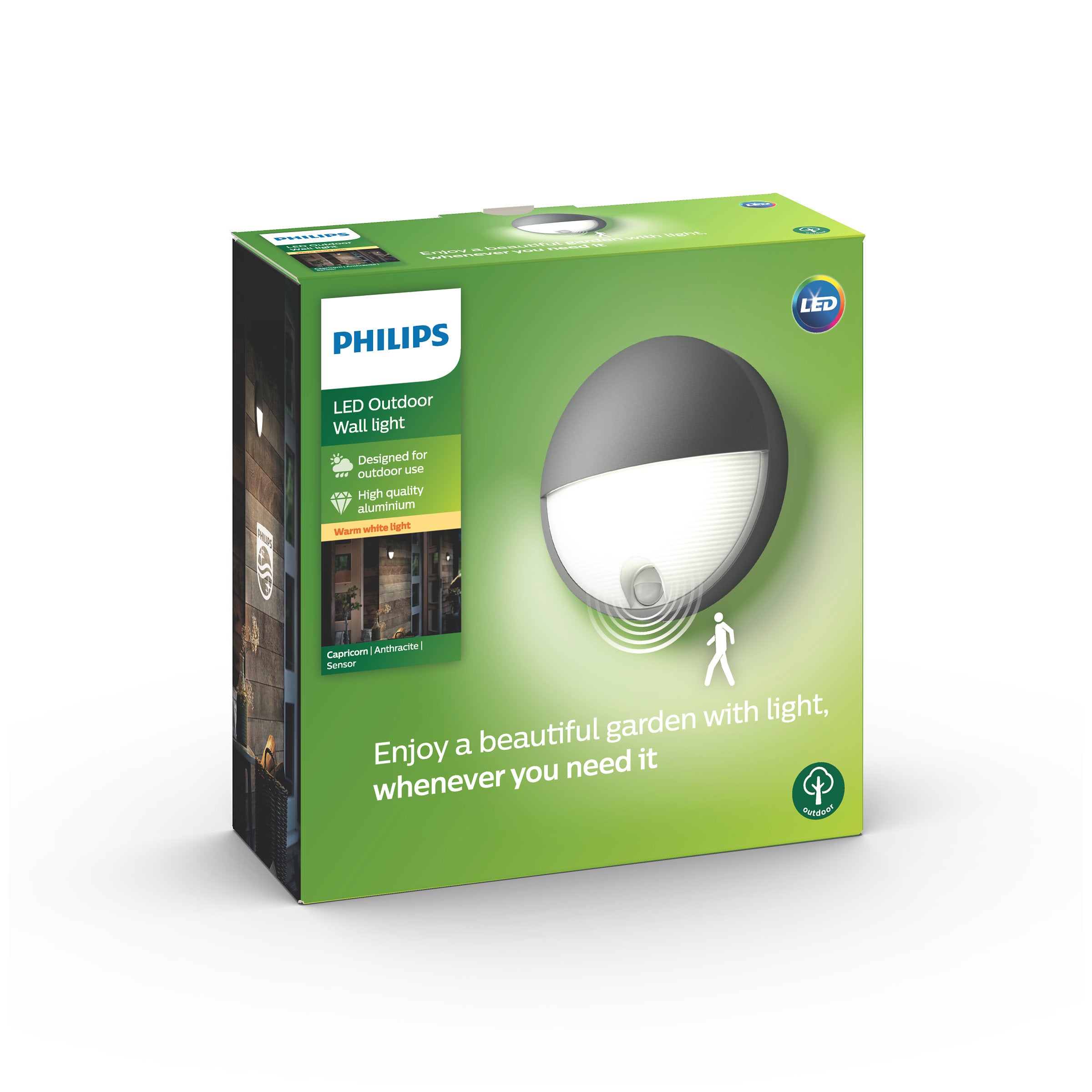 LED udendørs væglampe Capricorn i antracit med sensor i høj kvalitet aluminium og varm hvidt lys pakke designet til udendørs brug