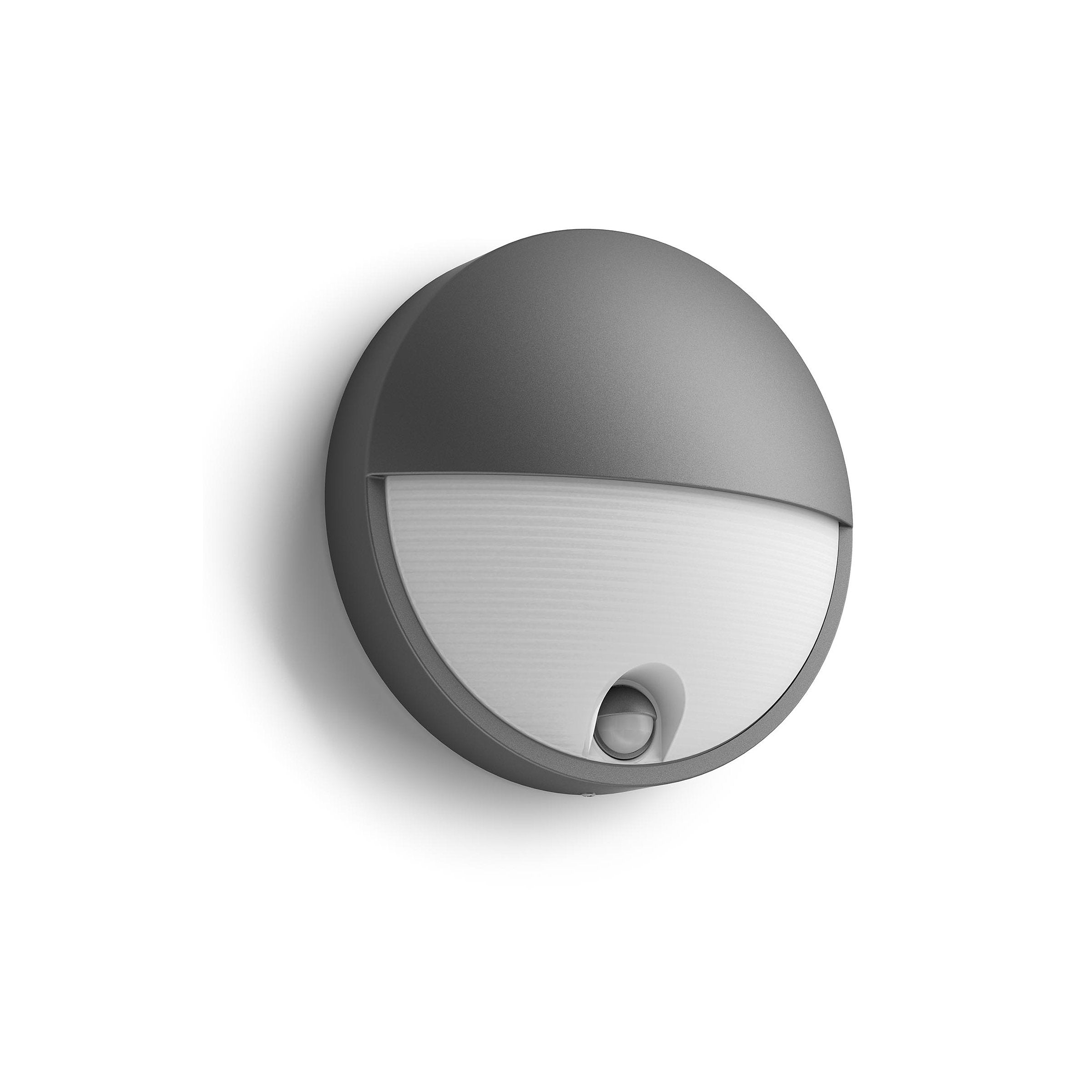 Vægmonteret Capricorn IR væglampe i antracitfarve med rund form og hvid diffusor designet til udendørs belysning med bevægelsessensor