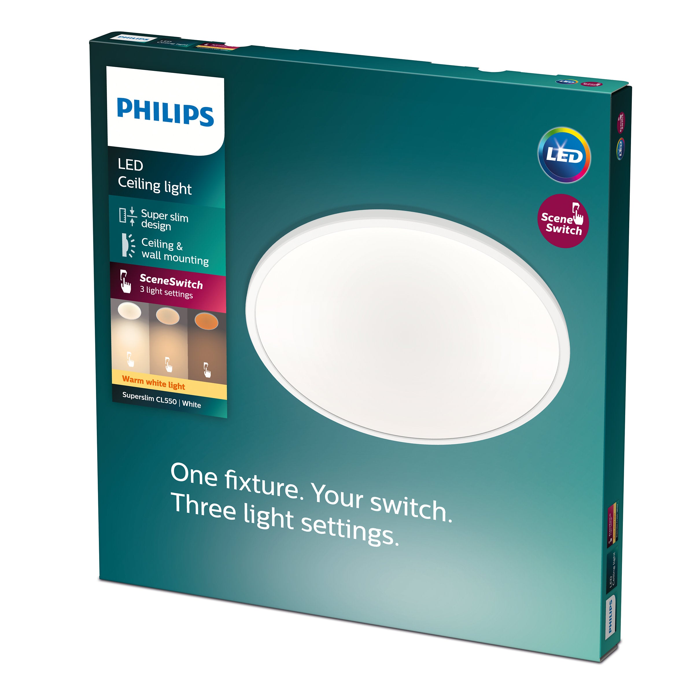 Pakke med Philips Superslim CL550 SS RD 18W 27K W WV 06 LED loftbelysning inkluderer en oval lampe med tre lysindstillinger og en super slim design til væg- eller loftmontering