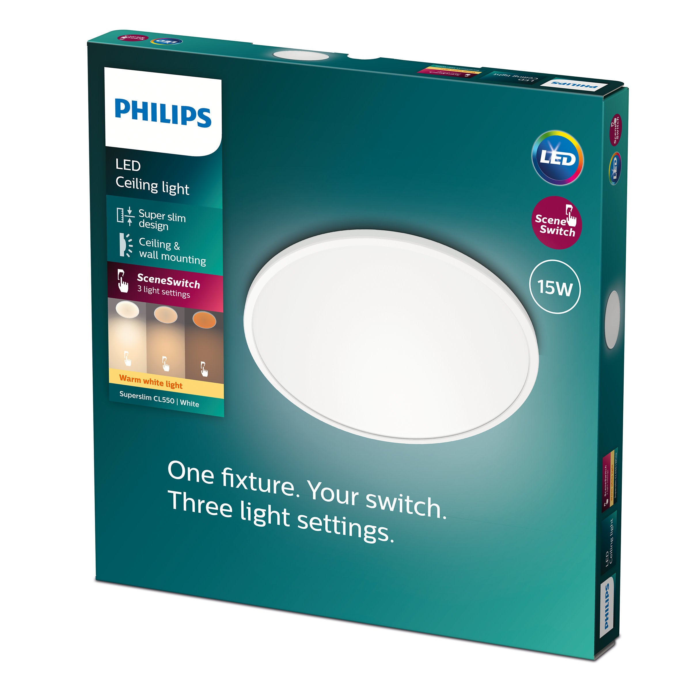 Produktbillede af Philips Superslim CL550 LED loftlampe med SceneSwitch teknologi og tre lysindstillinger pakket i en farverig æske med tydelig branding og produktbeskrivelse