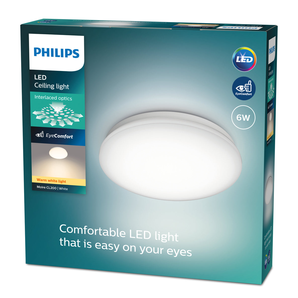 LED loftlampe fra Philips med interlaceret optik 6W og varm hvidt lys designet til at være behageligt for øjnene emballeret i en farverig boks