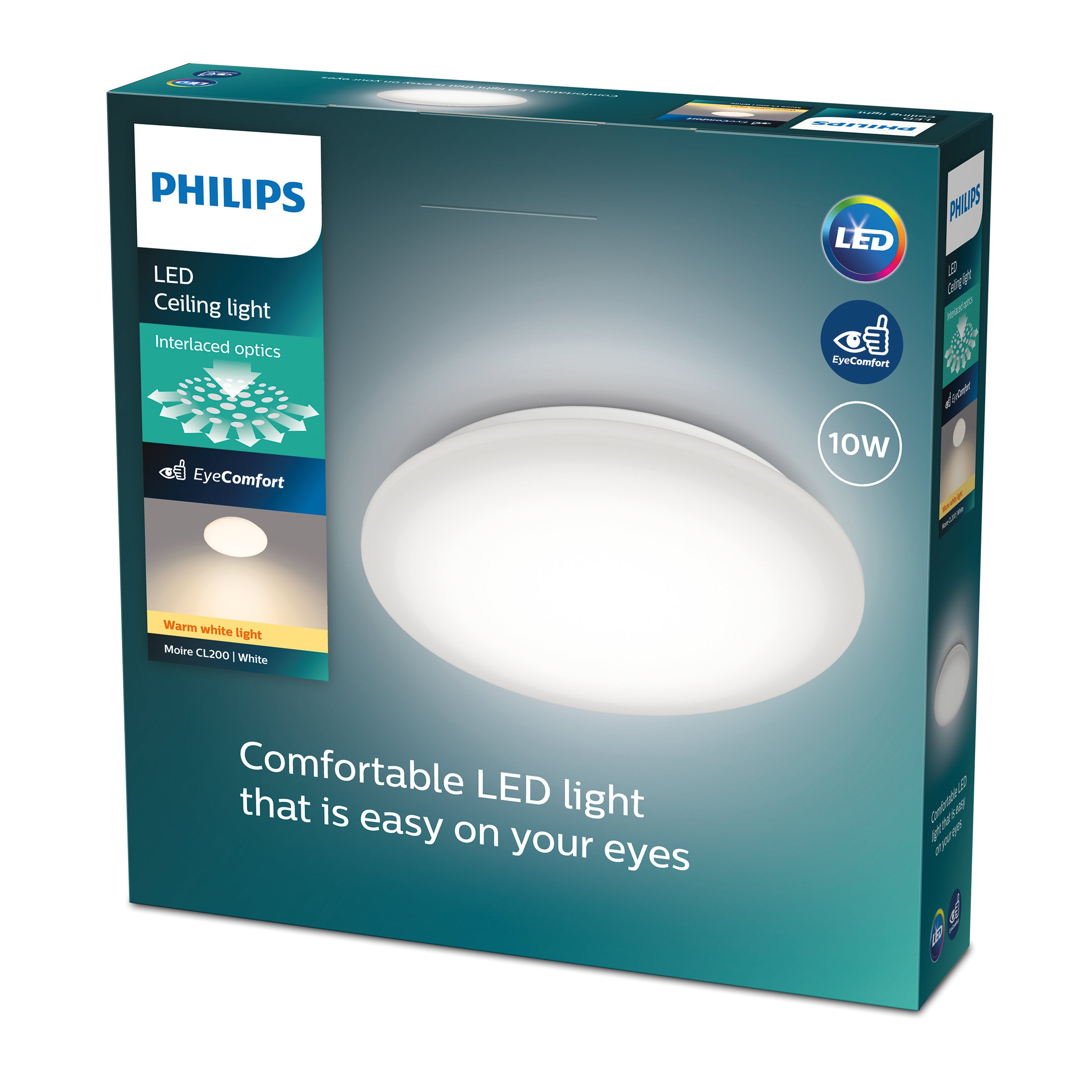 LED loftlampe fra Philips med interleaved optics i hvid farve 10W varm hvid lys, designet til at være behagelig for øjnene og let at installere.