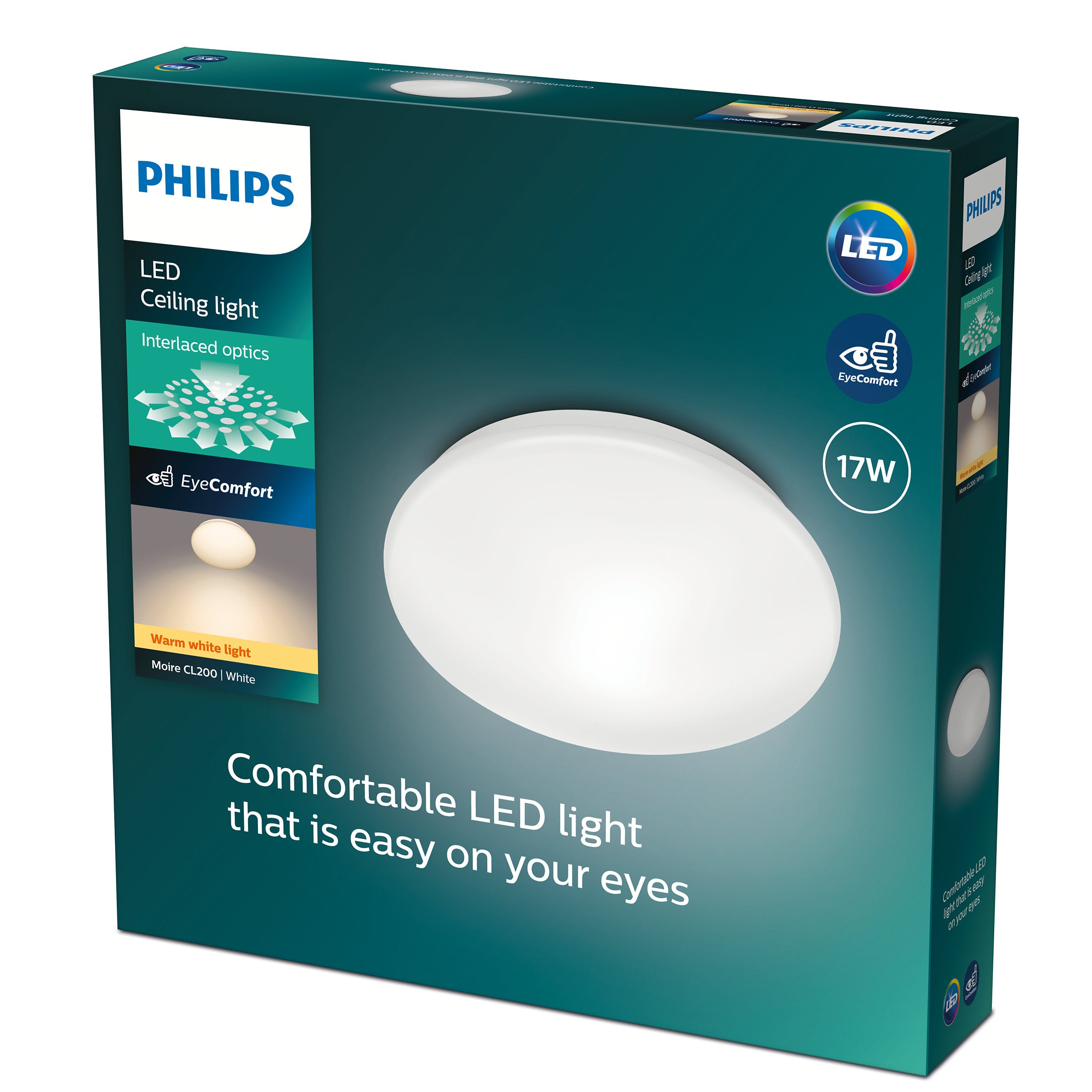 Philips LED loftlampe med interlace optik 17W emballage designet til øjenkomfort varm hvidt lys produktnavn CL200 EC RD 17W 27K W HV 06