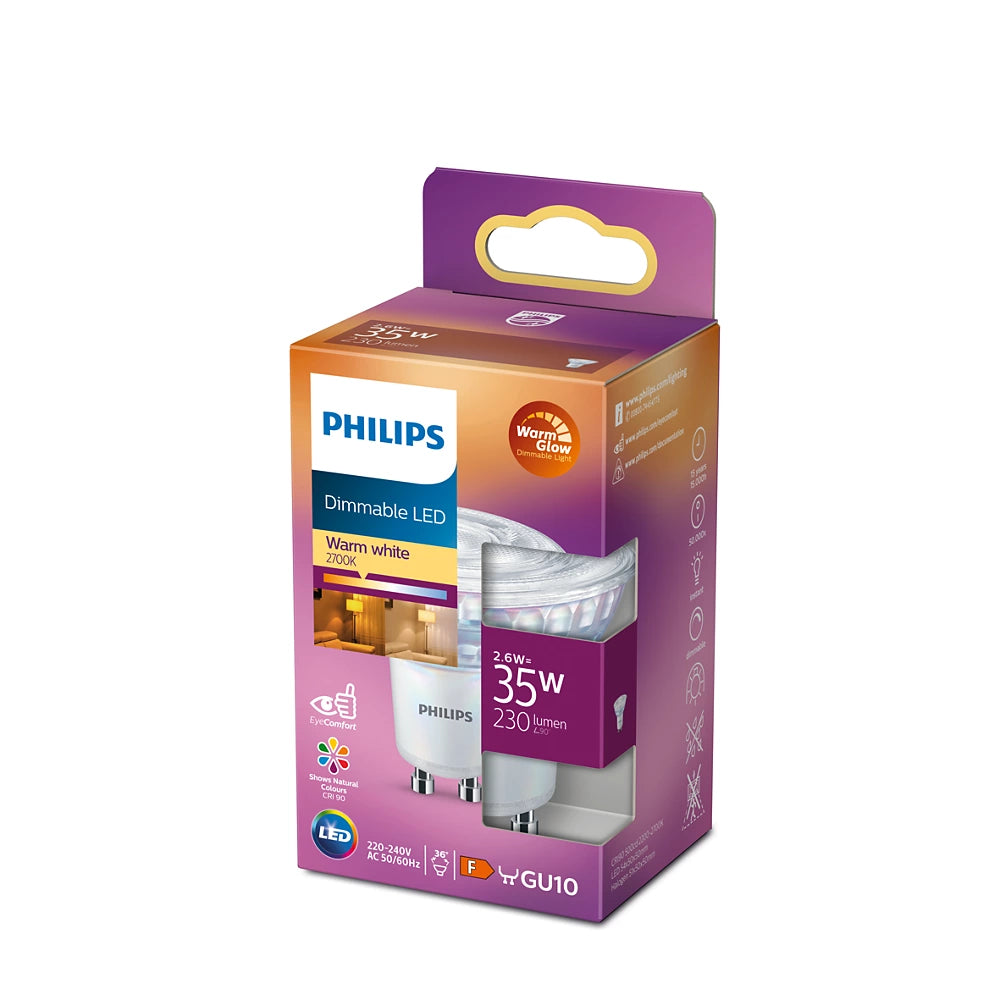 PHILIPS LED pære 35W GU10 med varm hvid lys og dæmpbar funktion pakket i en farverig kasse med informationer om produktet og energimærkning