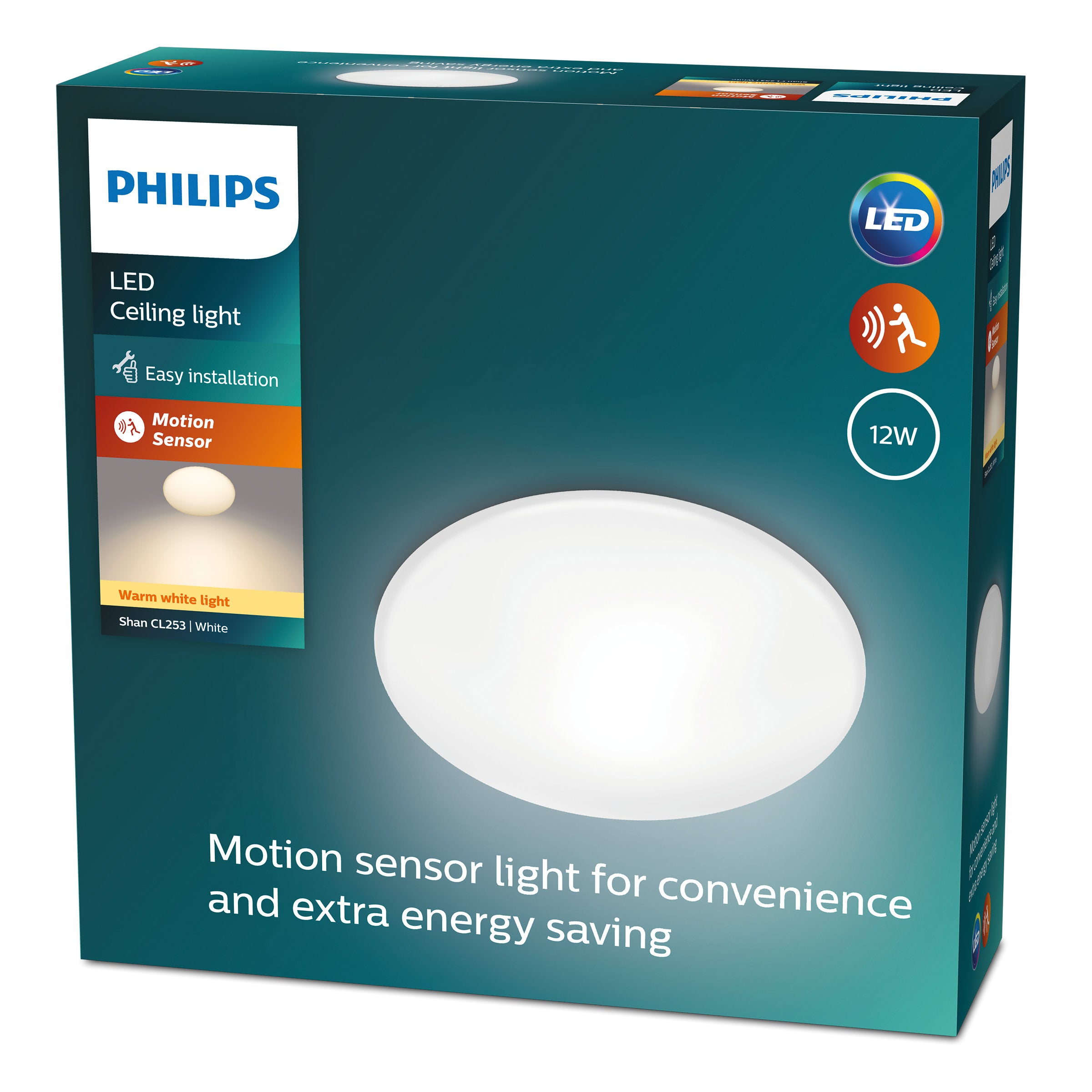 Billede af emballagen til Shan CL253 EC RD 12W 27K W HV sensorlampe fra Philips med informationer om LED loftlampe, bevægelsessensor og nem installation samt reklame for varm hvidt lys og energieffektivitet