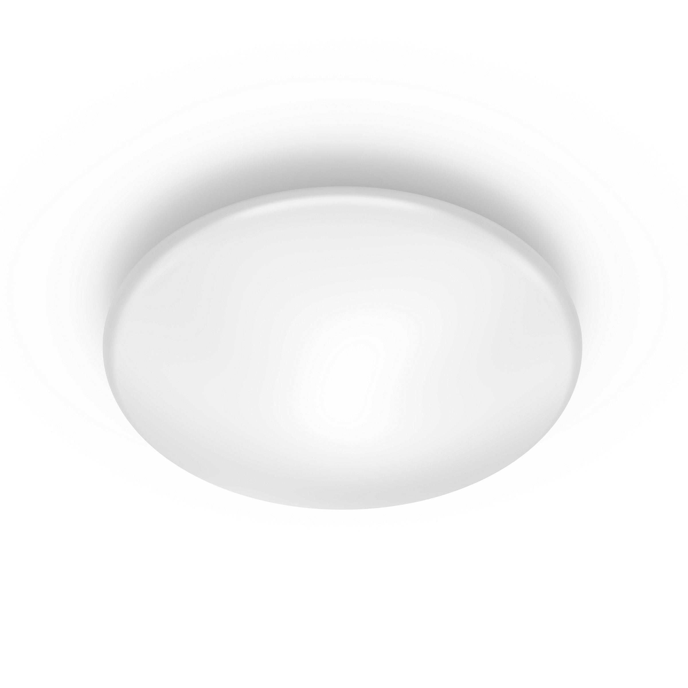 Loftlampe i hvid plast med rund og flad form designet til indendørs brug og udstyret med en sensor. Modellen har en effekt på 12 watt og en farvetemperatur på 2700 Kelvin.