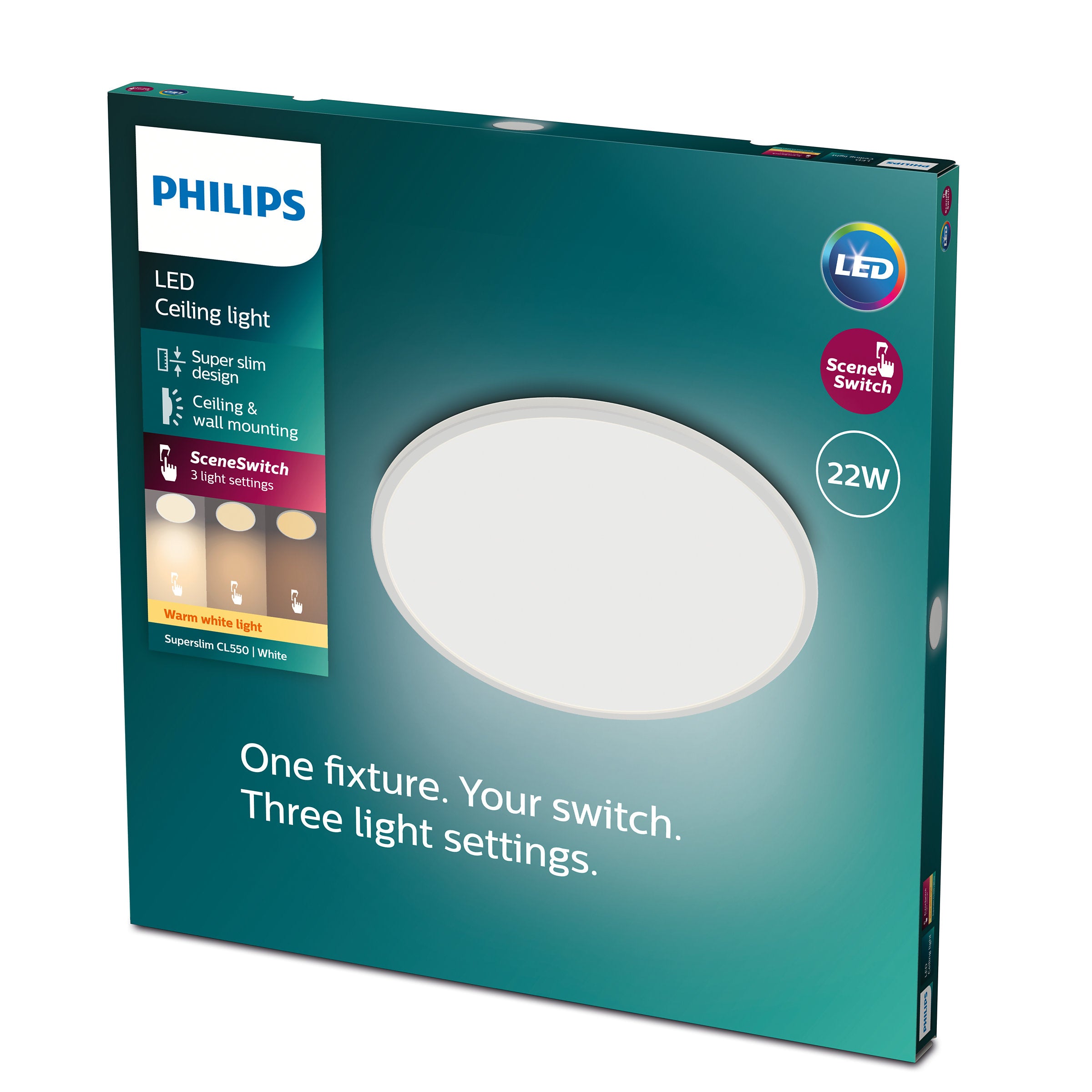Philips LED loftlampe Superslim CL550 med en effekt på 22W designet til både loft- og vægmontering med SceneSwitch for forskellige lysindstillinger inkluderer varm hvidt lys og funktioner til tilpasning af belysning