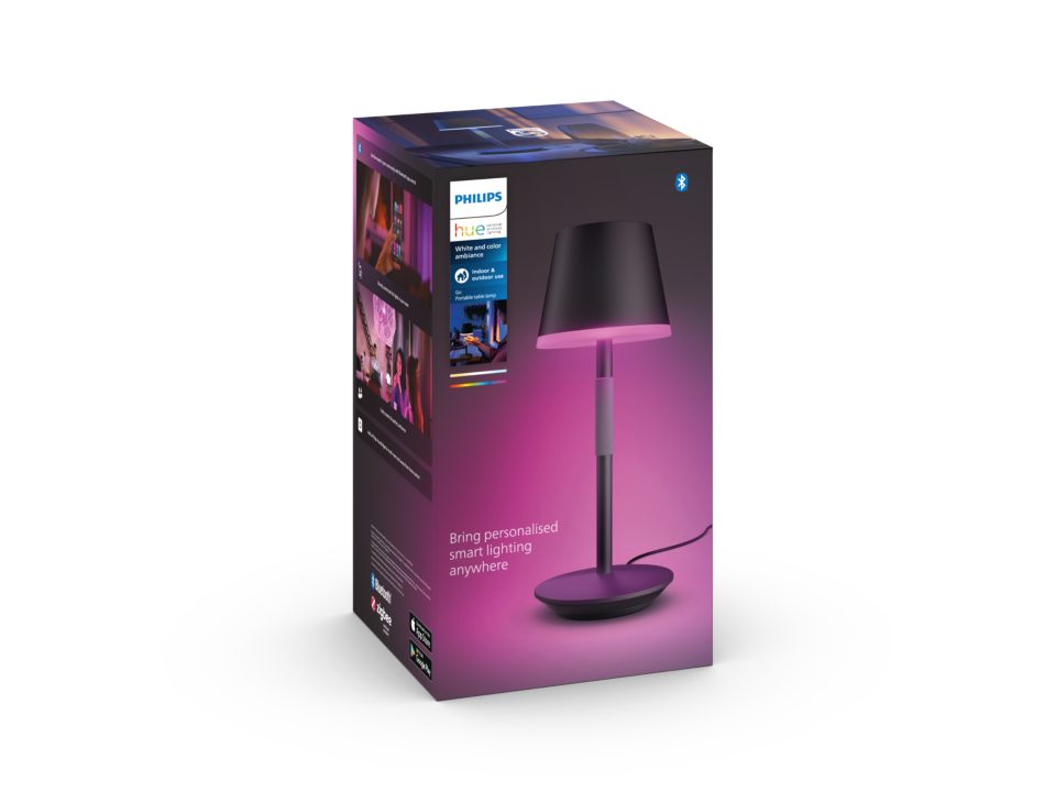 Billede af emballagen til Philips Hue Go bærbar bordlampe i sort farve med en lampe der har en smart og farverig belysning som kan tilpasses forskellige stemninger og miljøer